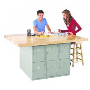 Diversified Spaces Four-Station Steel Workbench with Butcher Block Top & 12 Vertical Lockers - Gray