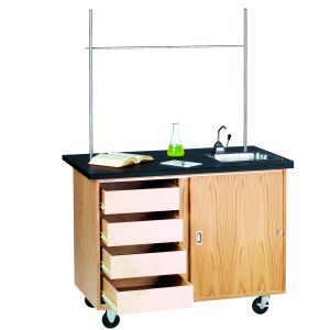 Diversified Spaces Mobile Demonstration Table with 4 Drawers & Sliding Door - ChemGuard Top has Sink & Rod Sockets