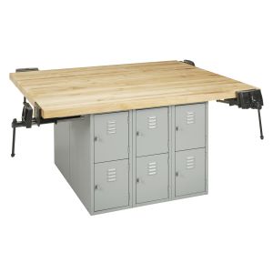 Diversified Spaces Four-Station Steel Workbench with Butcher Block Top & 12 Vertical Lockers - Gray - Includes 4 Vises