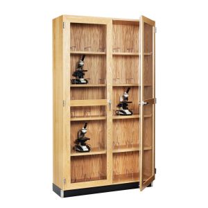 Diversified Spaces Microscope Storage Cabinet with 2 Tempered Glass Locking Doors - Holds 25-30 Standard Microscopes - Oak - 16" x 48" x 84"