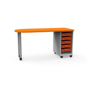 Universal Appleton Teacher's Desk with 3mm Edge HPL Shaped Top, Tote Storage Cabinet with Five 3" Totes, 2" ELS Adjustable Straight Round Legs, Casters, 60" W x 24" D