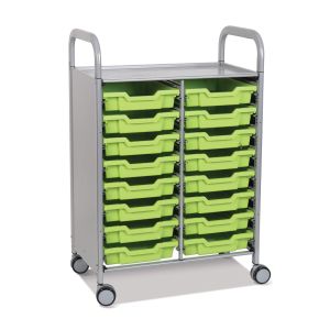Gratnells Callero Plus Double Column Cart with Casters and 16 Shallow Trays